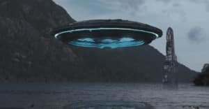 ufo over lake near mountain