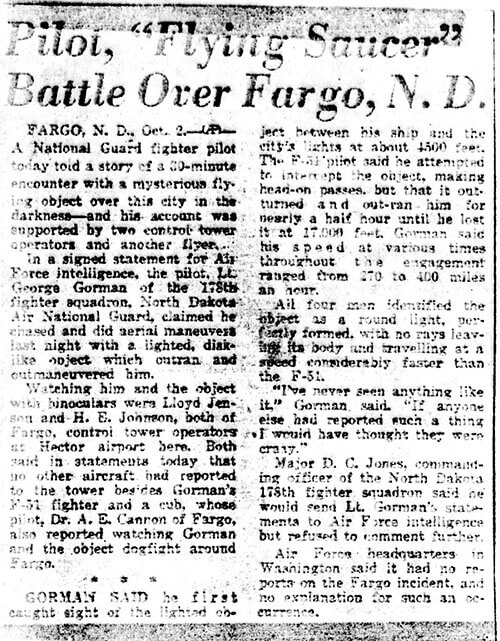 Pilot, 'Flying Saucer' Battle Over Fargo, N.D. 10-2-1948