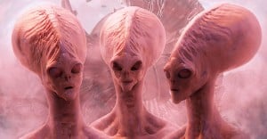 pink aliens near ship