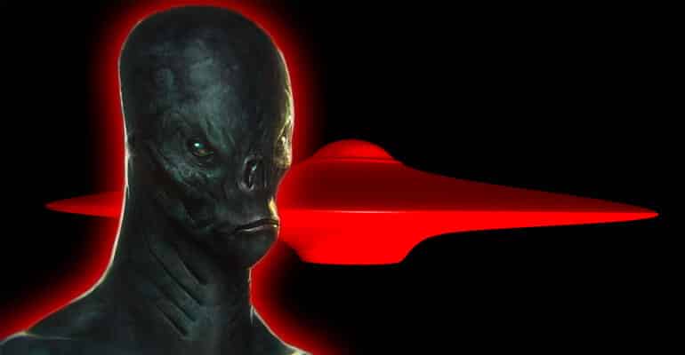 humanoid alien near red ufo