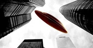 ufo flying through skyscrapers