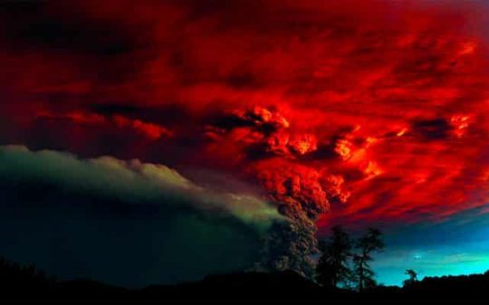 red sky volcano eruption