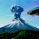 ufo near volcano eruption