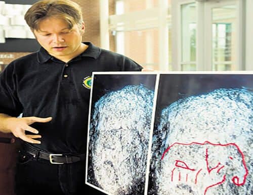 Mark Holley explains what he thinks is an ancient carving of a mastodon carved into a rock recently found in 40 feet of water in Grand Traverse Bay. The red lines follow etchings made in the rock, he said.